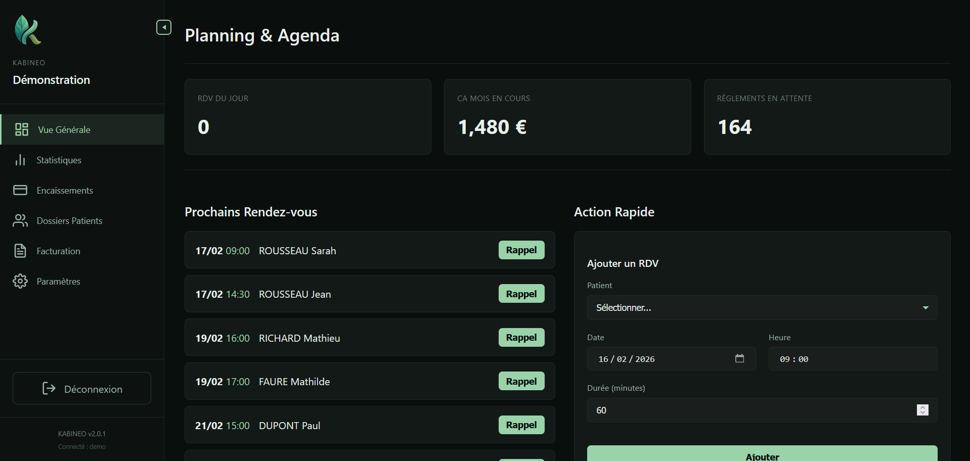Interface principale du tableau de bord Kabineo